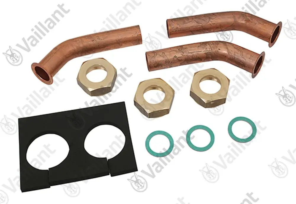 Vaillant Rohrbogen-Set mit zwei Kupferbogenstücken, verschiedenen Schraubmuttern und Dichtungen für Heizkreis-Anwendungen.